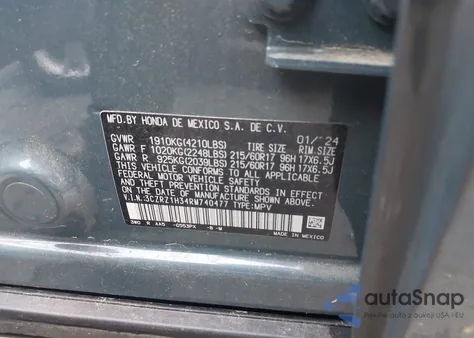 2024 Honda Hr-V 2Wd Lx z USA, uszkodzony, nr VIN 3CZRZ1H34RM740477